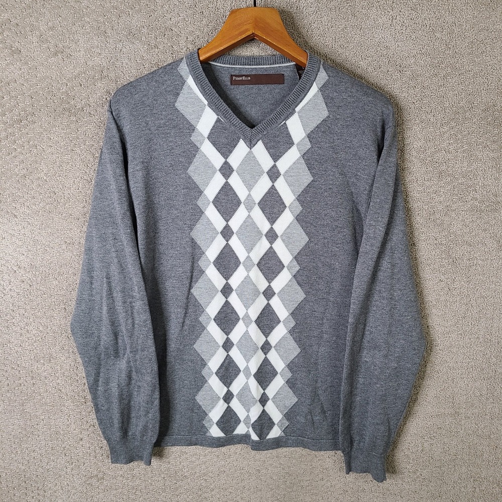 Perry Ellis Sweater Mens L Gray Argyle V Neck Cotton Rayon Long Sleeve Casual